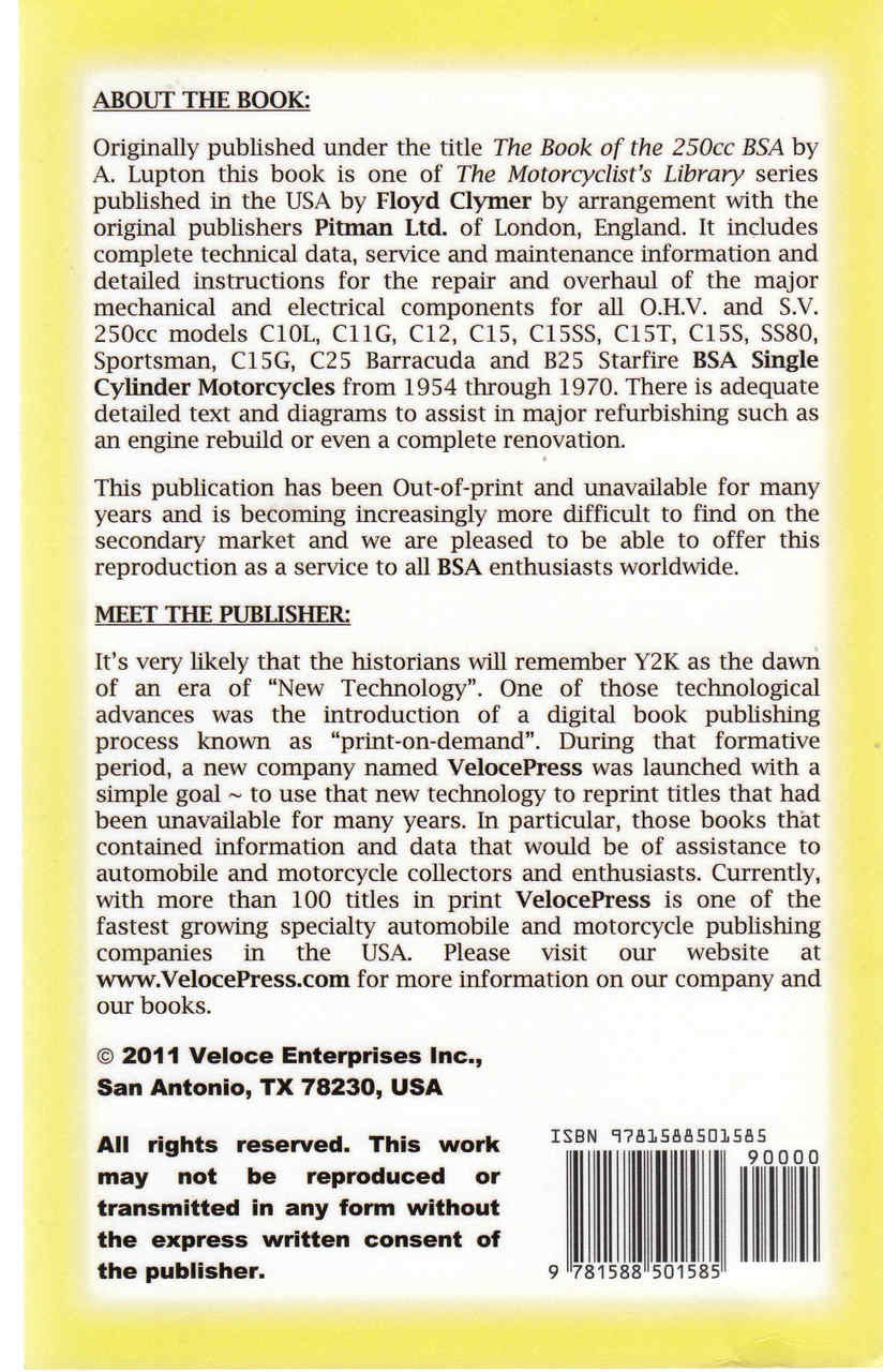 The Book Of he BSA OHV & SV Singles 1954-1970 (Veloce Press 2011 Reprint) (9781588501585) - back