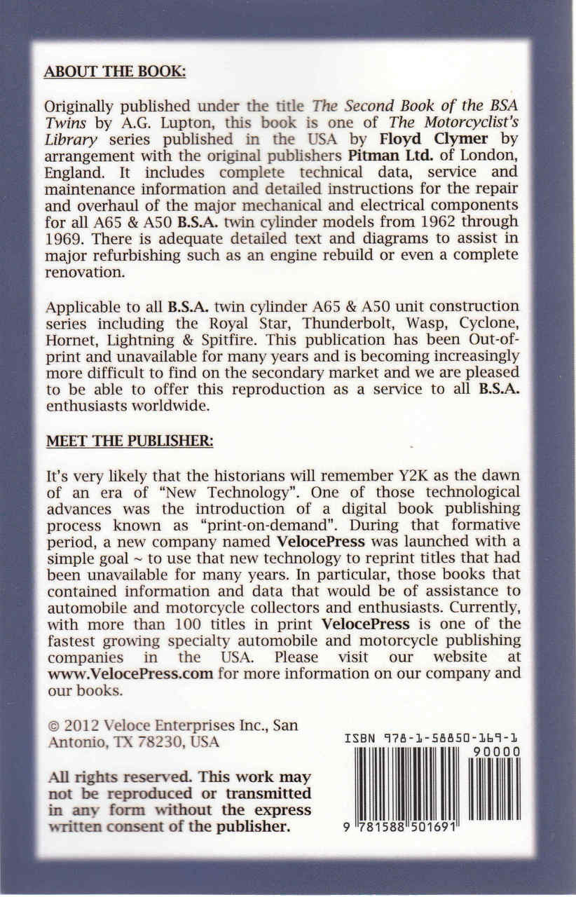 The Second Book Of The BSA Unit Construction O.H.V. Twins A50 & A65 Series 1962 -1969 (Veloce Press 2012 Reprint) (9781588501691) - back