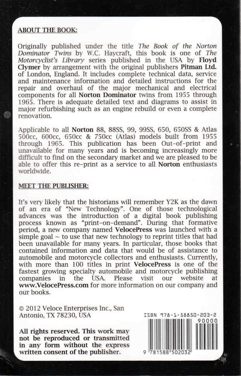 The Book Of The Norton Dominator Twins 1955 - 65 (2012 Veloce Press Reprint) (9781588502032)