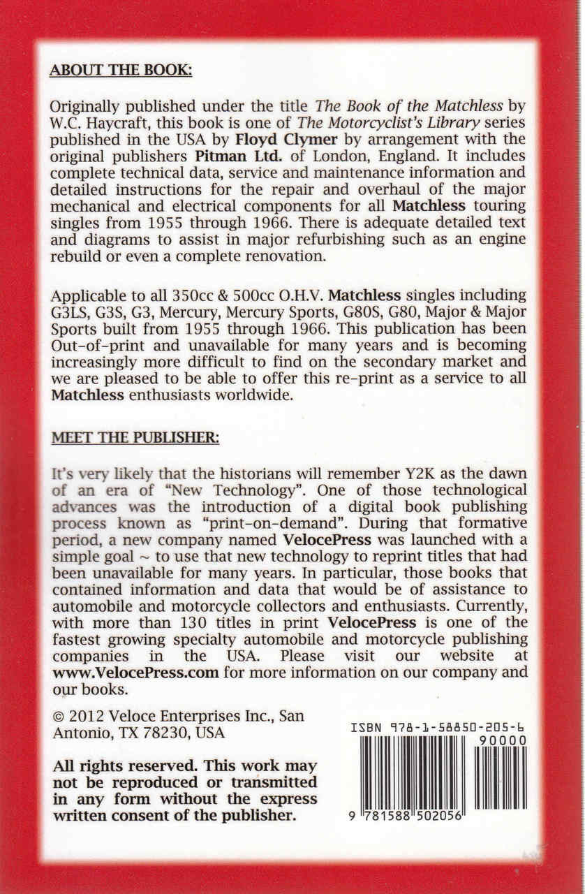 The Book Of The Matchless 350 & 500 Singles 1955 - 1966 ( Veloce Press 2012 Reprint) (9781588502056) - back