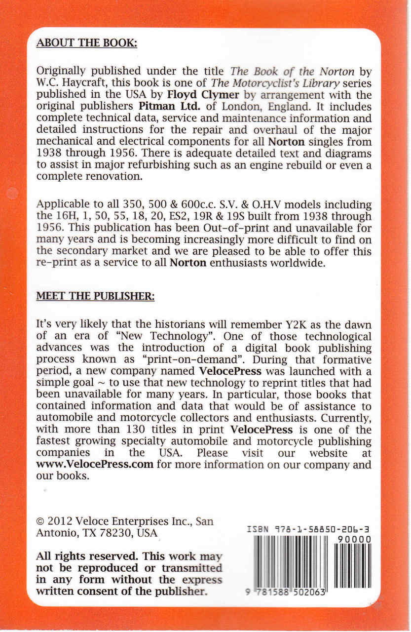The Book Of The Norton 1938 - 1956 All S.V. & O.H.V. Single Cylinder Models ( Veloce Press 2012 Reprint) (9781588502063) - back
