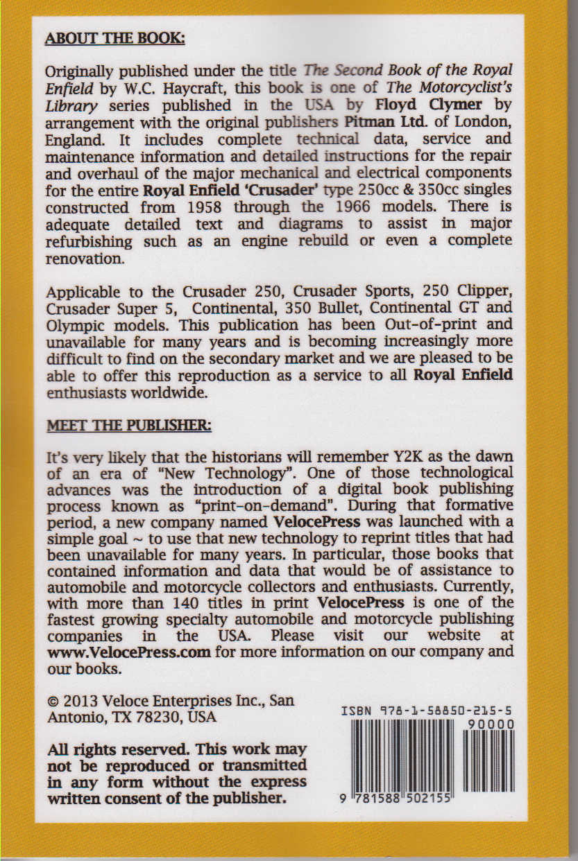 Book back cover with ISBN barcode and publisher text for Royal Enfield Crusader, 1958–1966