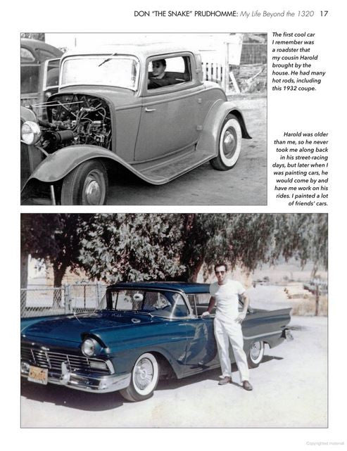 Book page spread with vintage car photo and side column of paragraph text