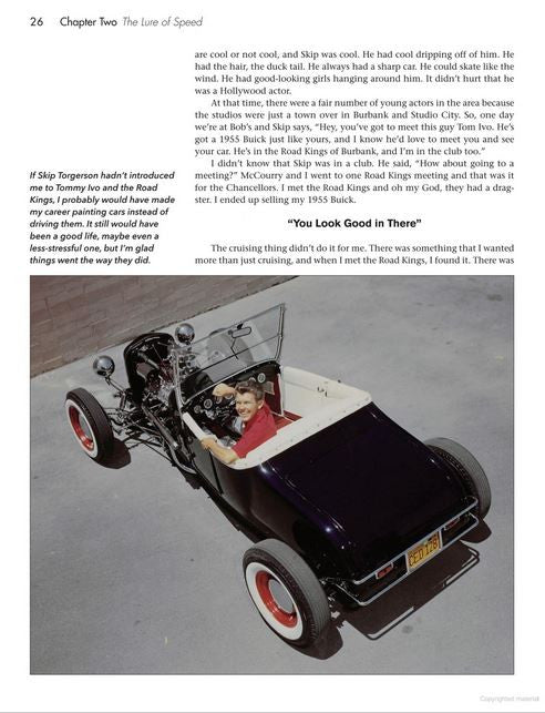 Book page with aerial photo of a vintage race car and caption text