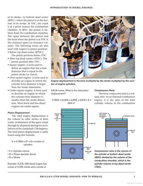 Diesel engine cutaway notes page with compression ratio graph and charts