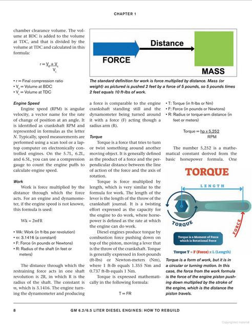 Torque and work formulas page with mass, distance, and length diagrams