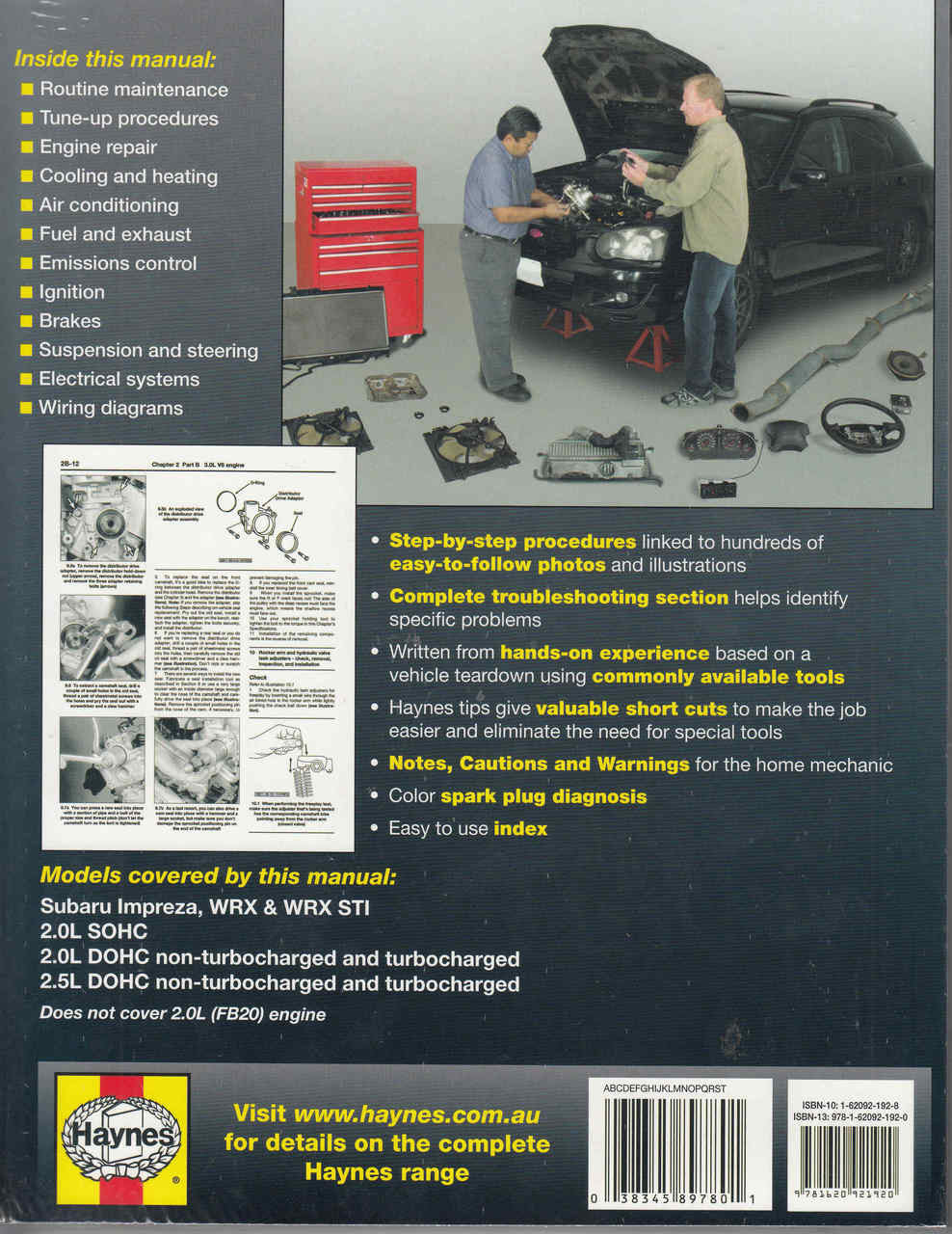 Haynes repair manual page showing engine work, diagrams, and 'Inside this manual' list