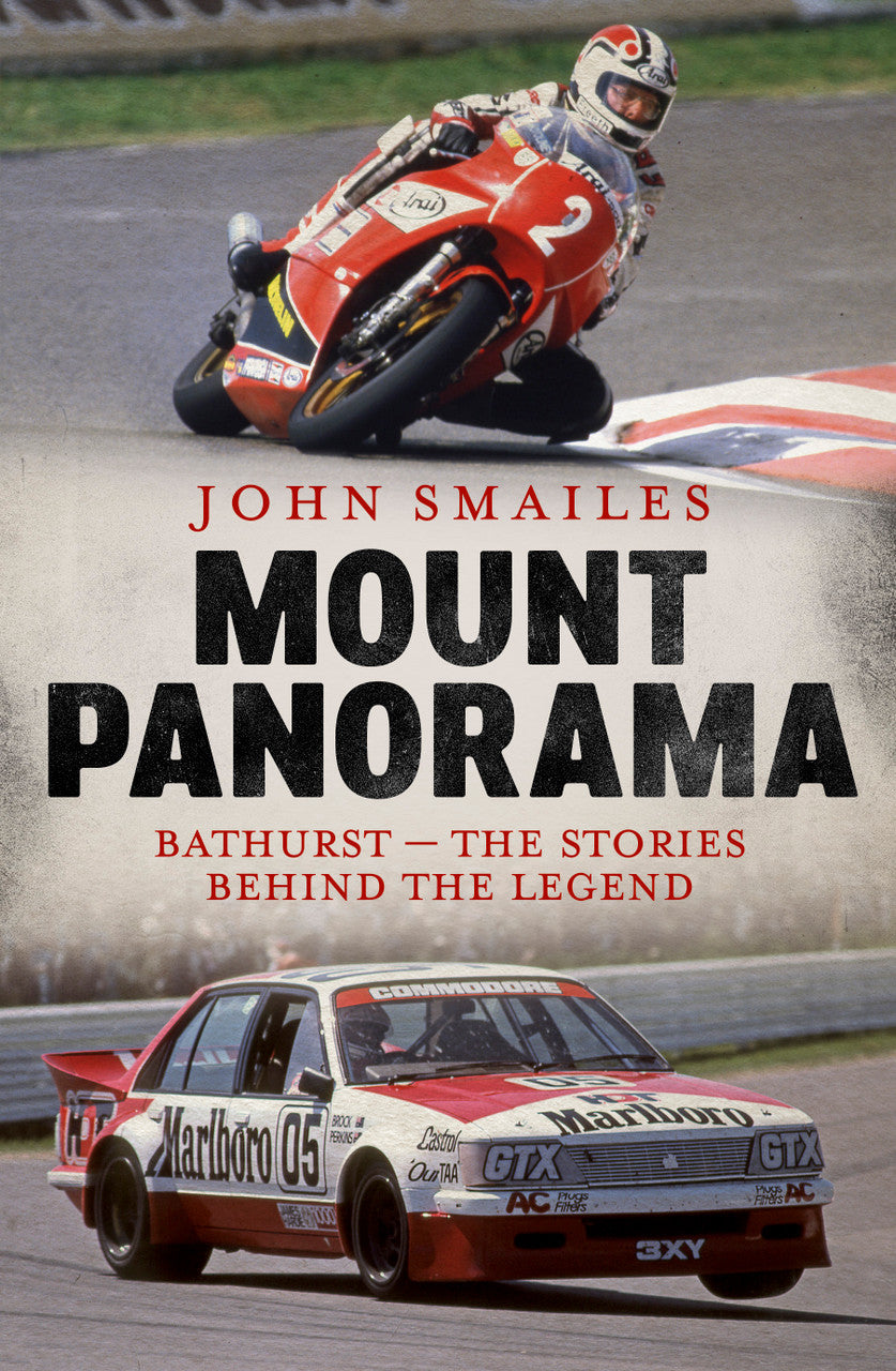 Motorsport book cover with red race bike, vintage car, and Mount Panorama text