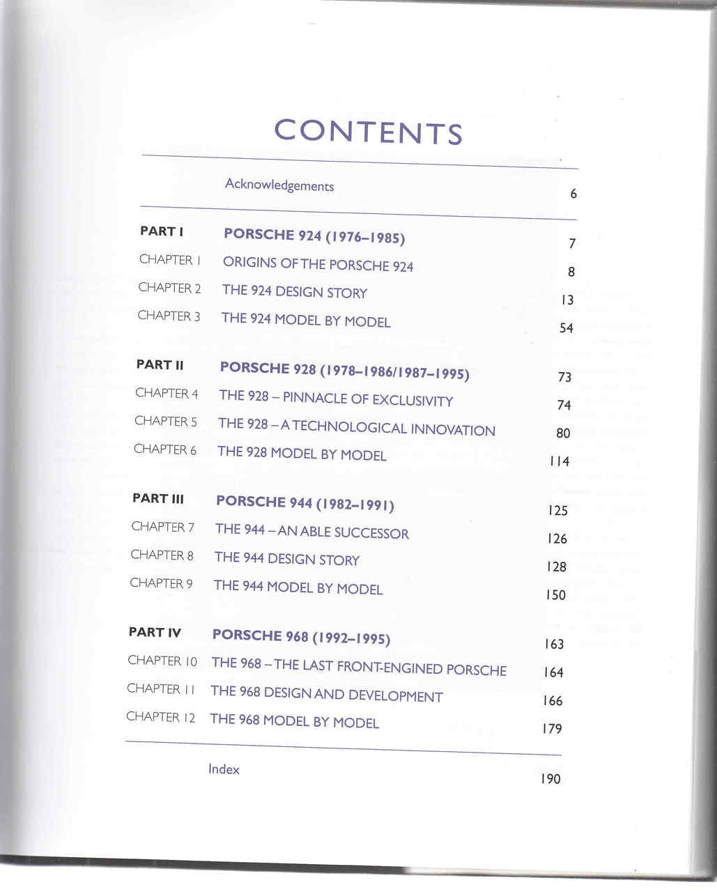 Porsche 924/928/944/968 book contents page, table of parts and chapters