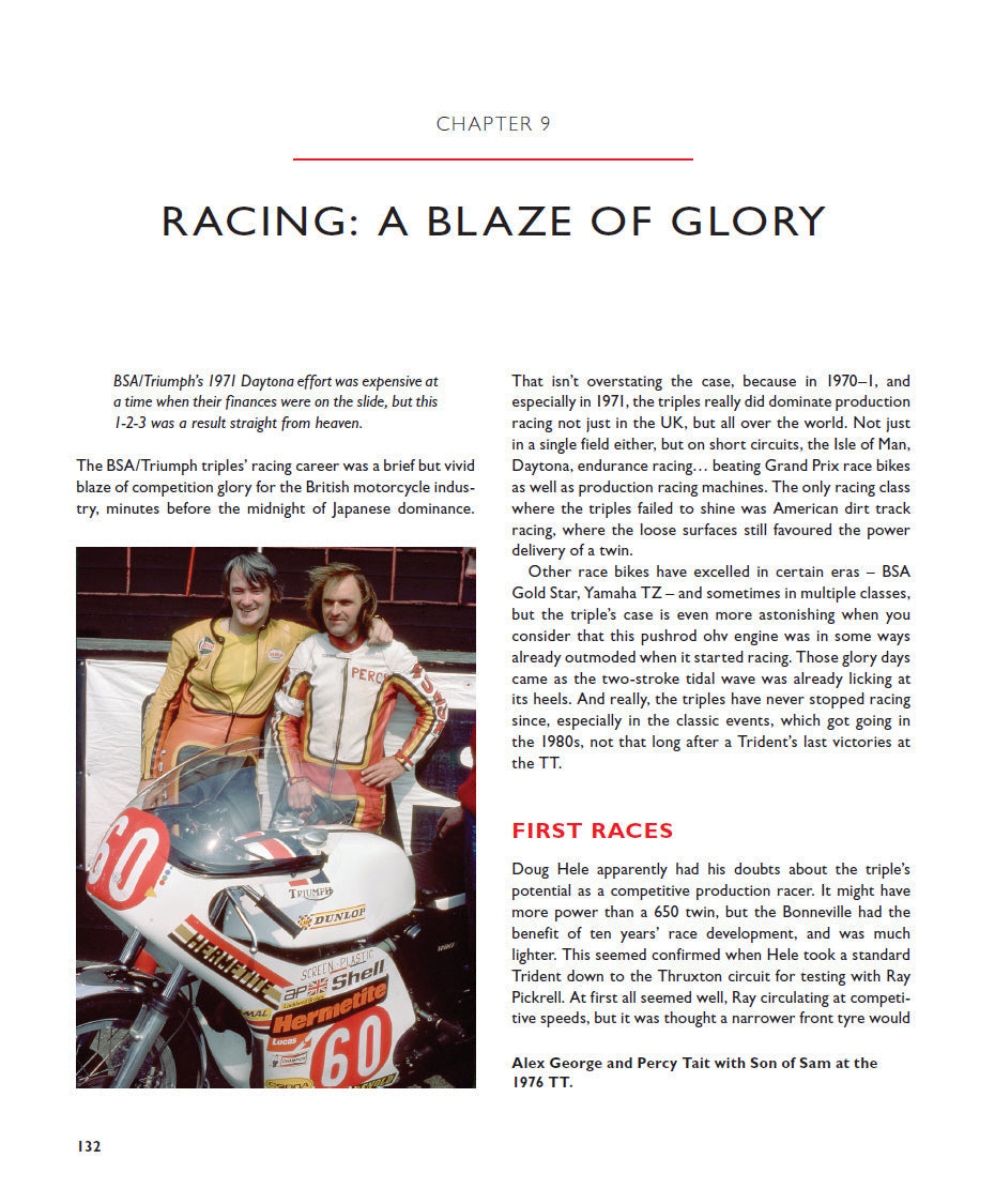 Book chapter page titled “RACING: A BLAZE OF GLORY” with a motorcycle photo