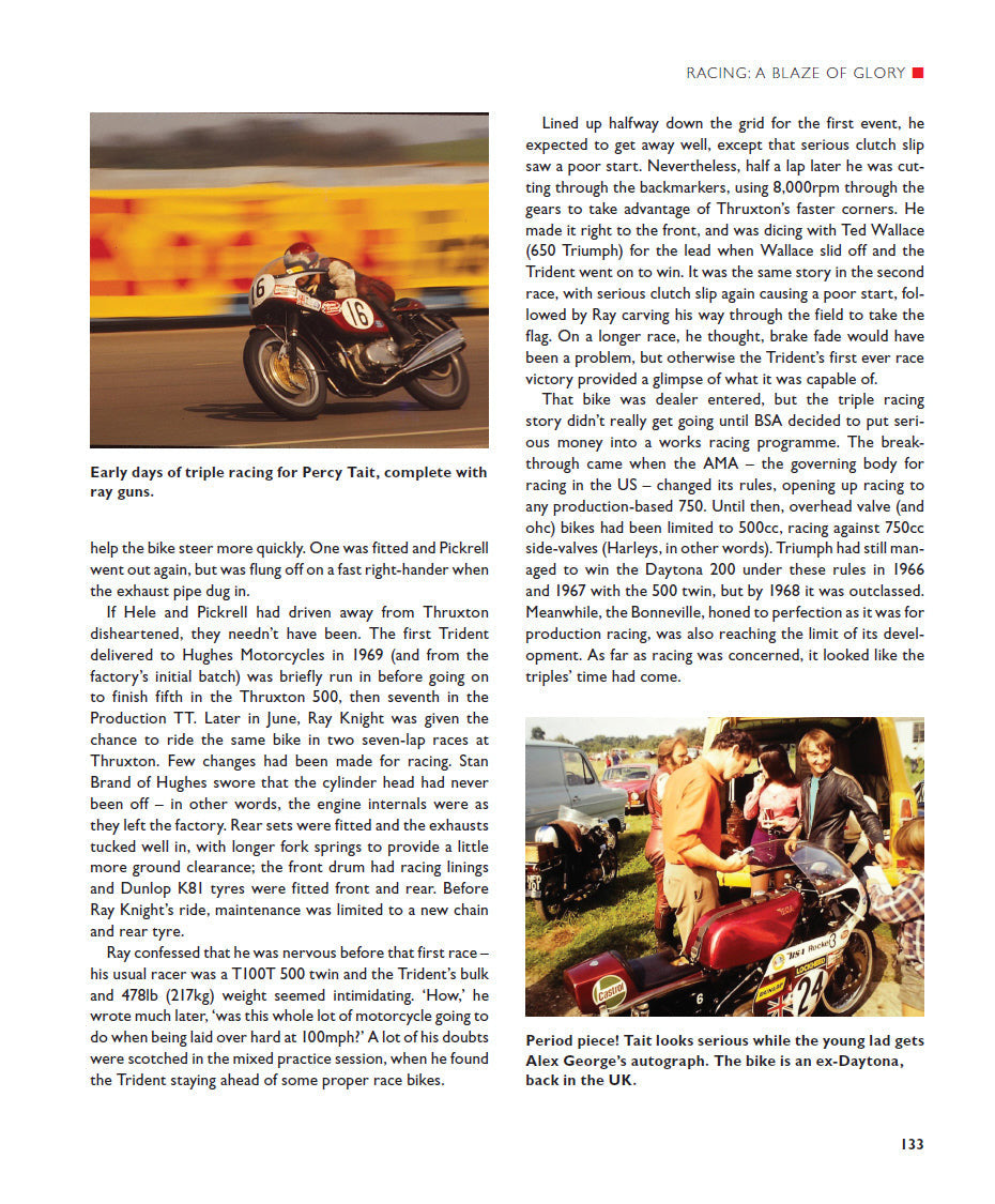 Book page with a vintage racing motorcycle photo and surrounding article text