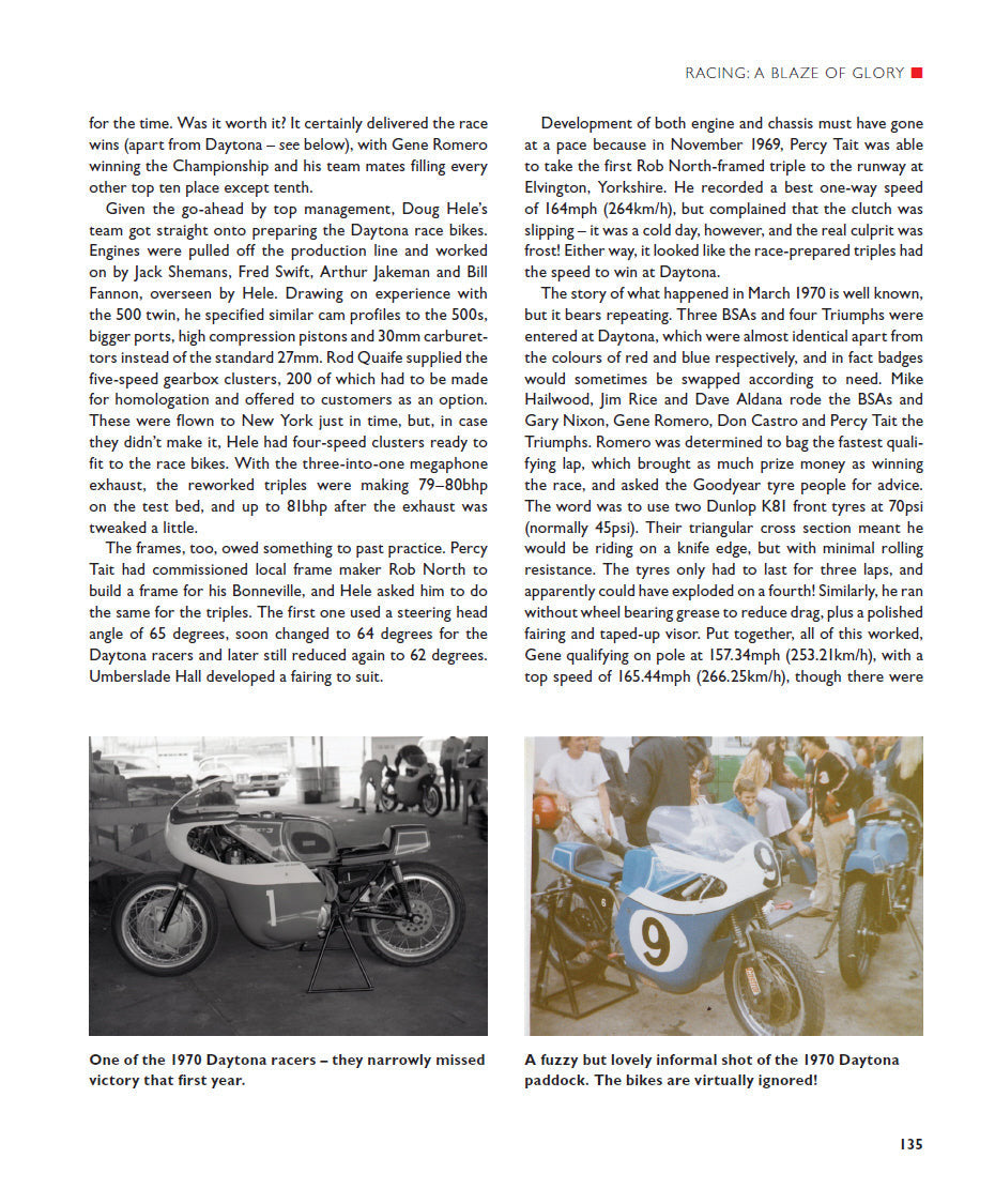Book page with two vintage motorcycle photos and race-story text