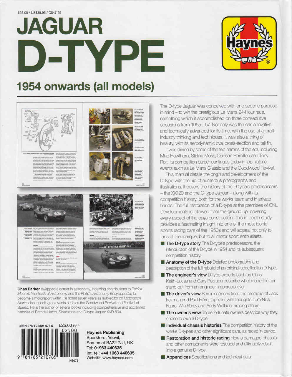 Jaguar D-Type owners' workshop manual back cover with Haynes logo and article text