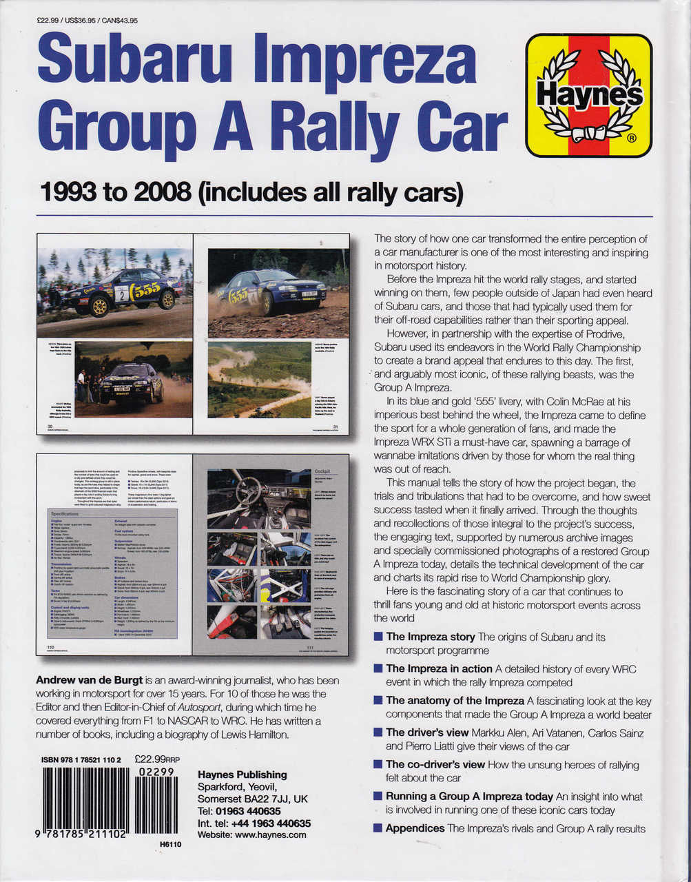 Rally car owners' workshop manual back cover with multiple photo panels and text blocks