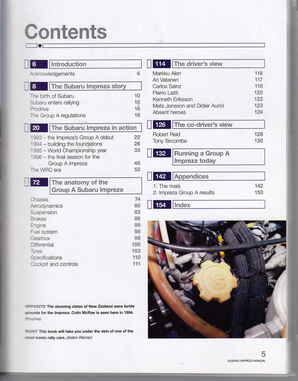 Rally car workshop manual contents page with section list and technical diagram inset