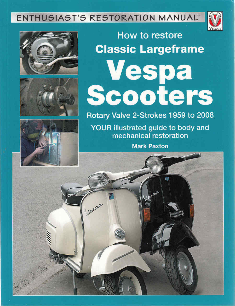 Restoration manual front cover with white Vespa scooter and large title text