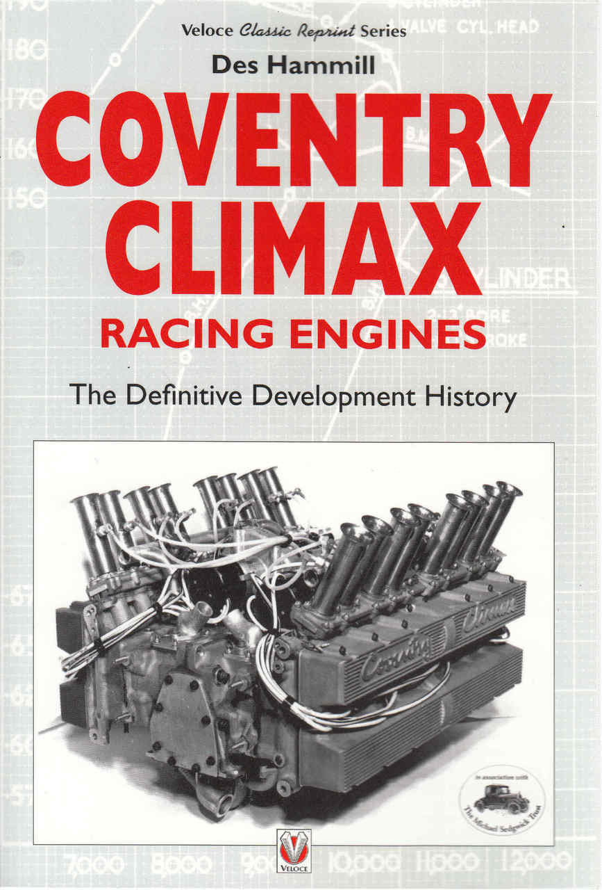 Book cover with red 'COVENTRY CLIMAX' title text and black-and-white engine image