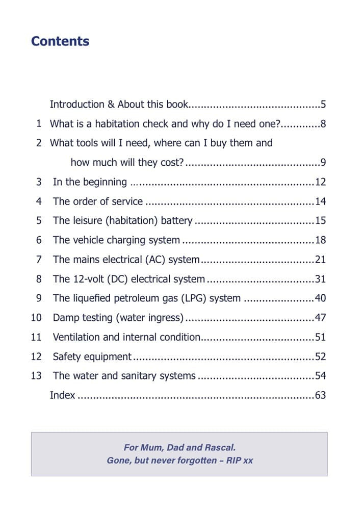 Habitation check guide book contents page with numbered sections and index