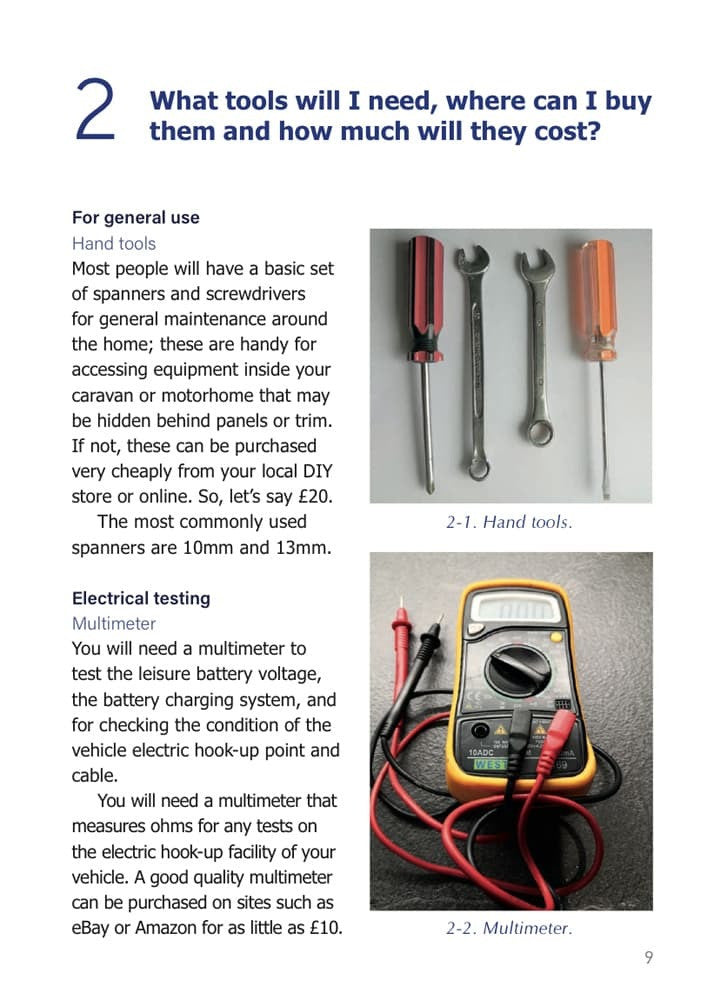 Habitation check guide page on tools, showing hand tools and a multimeter