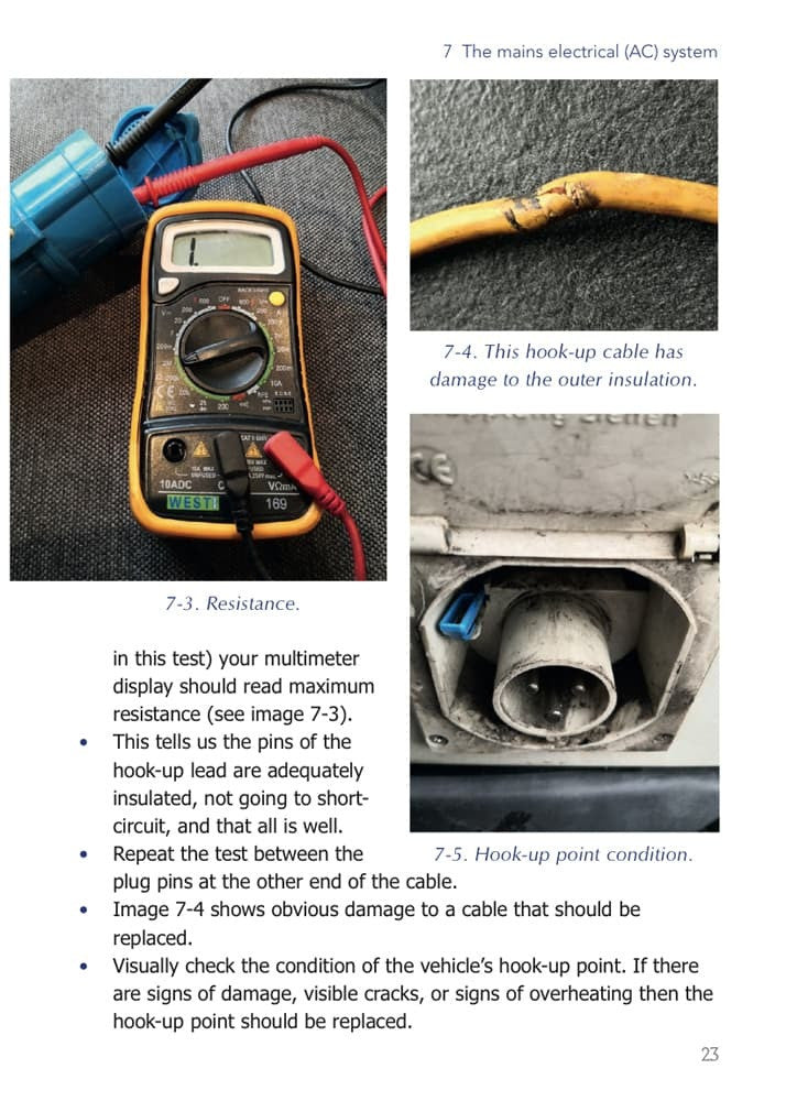 Habitation check guide page showing multimeter testing and a hook-up cable
