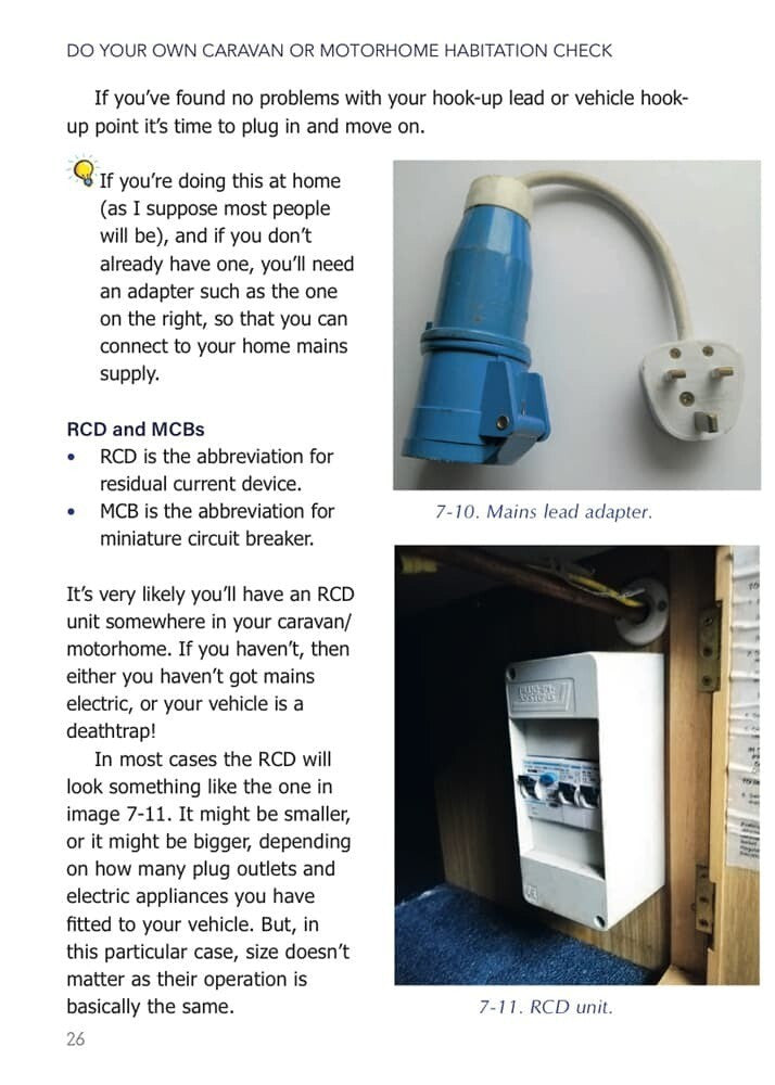 Habitation check guide page showing mains lead adapter and an RCD unit
