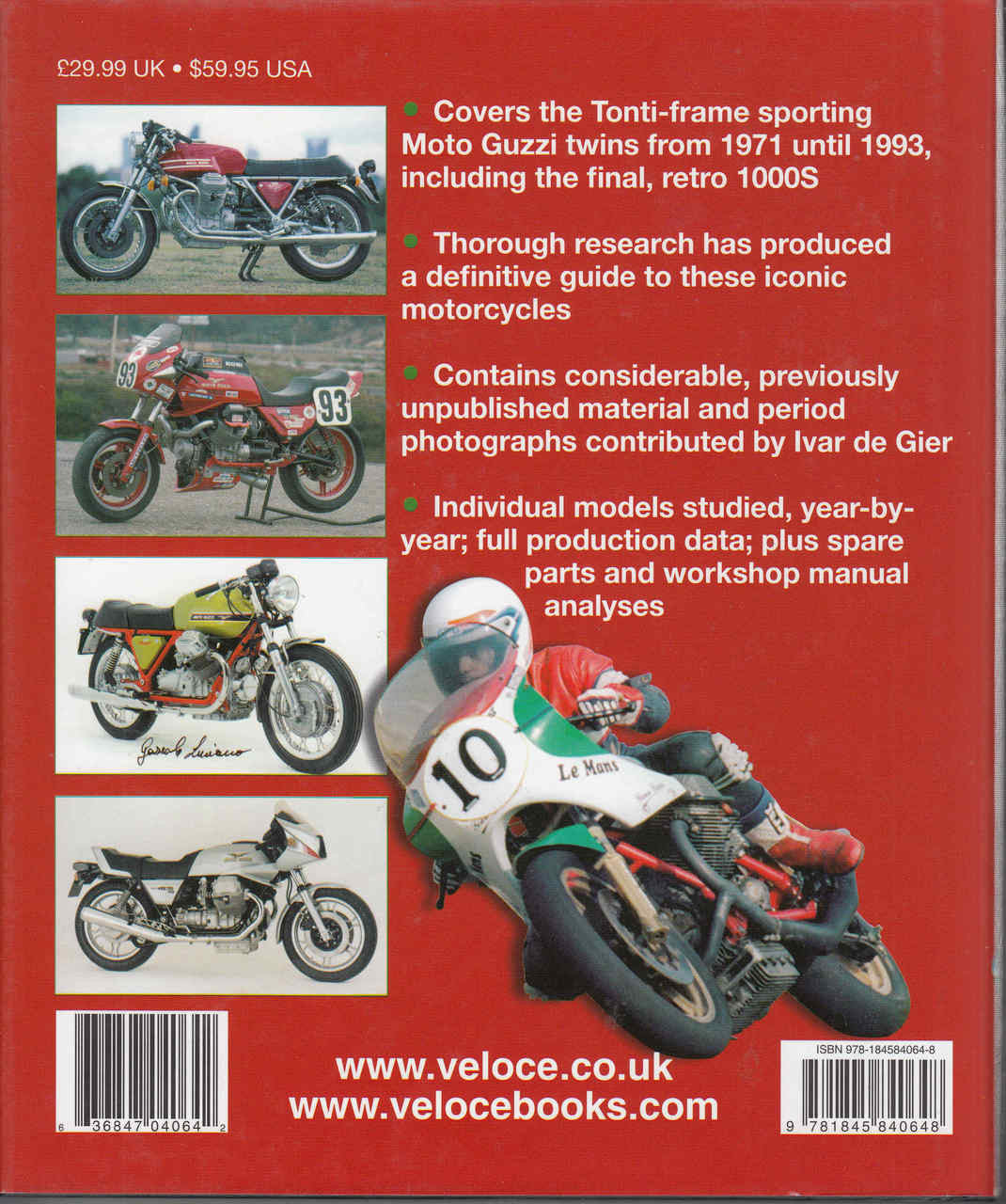 Motorcycle reference book back cover with vintage bike photos, barcode, and pricing text