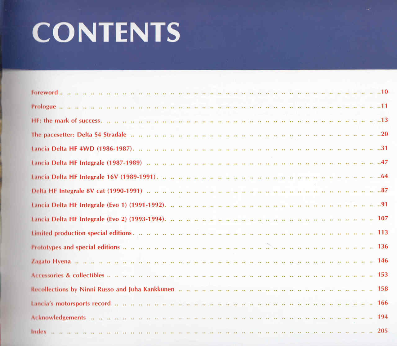 Book contents page with blue header and chapter list
