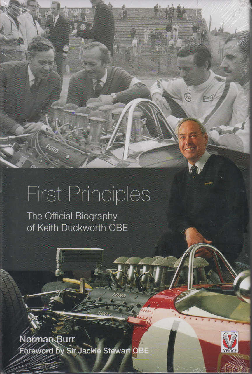Racing biography book cover with car engine photo, title text, and author name
