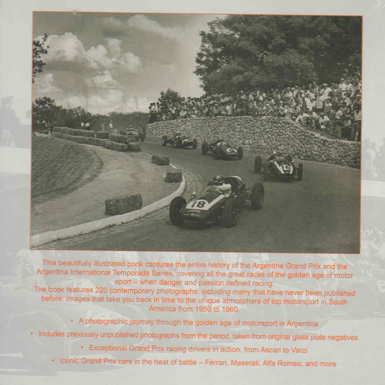 Argentine motor races photo book page with vintage race cars on track and crowd