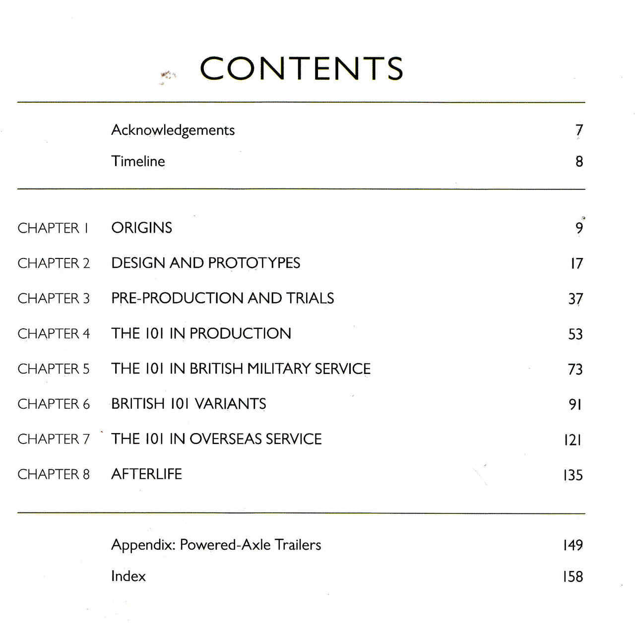Contents page for Military One-Tonne vehicle history book with chapter list