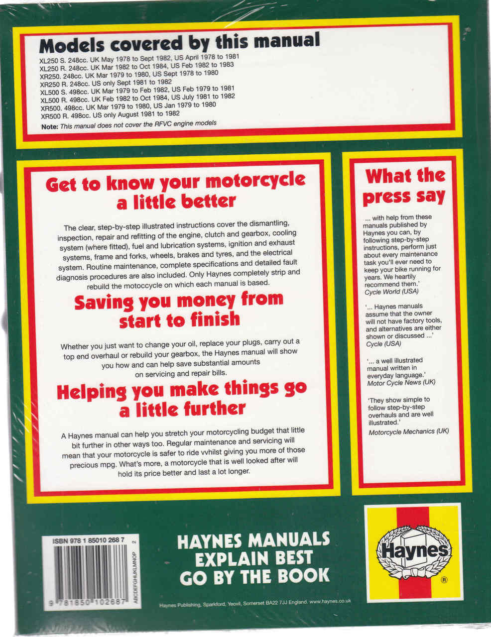 Honda XL / XR 250 & 500 1978 - 1984 Workshop Manual Back