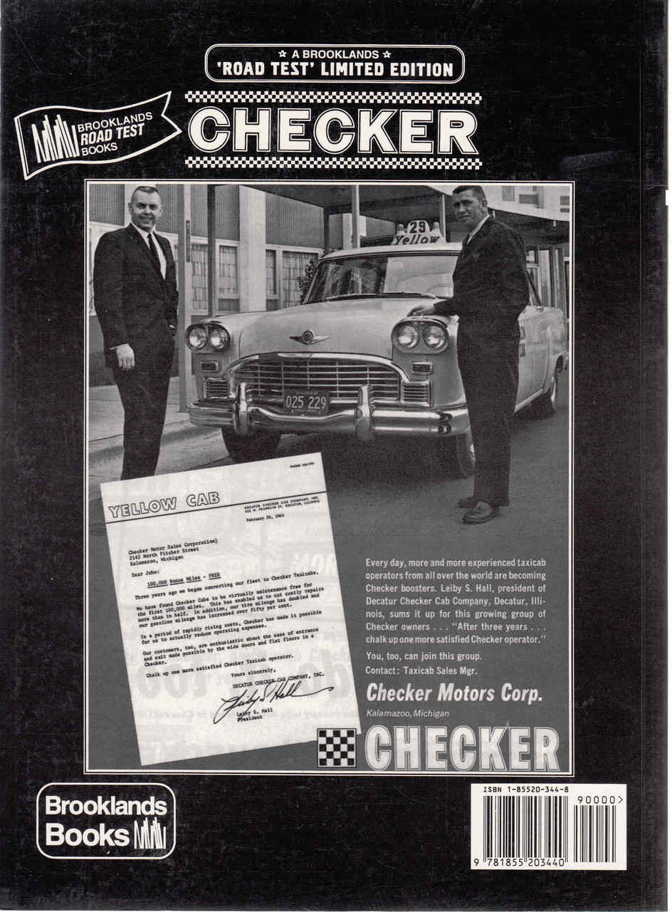 Checker Motors book cover with vintage car photo, text block, and barcode