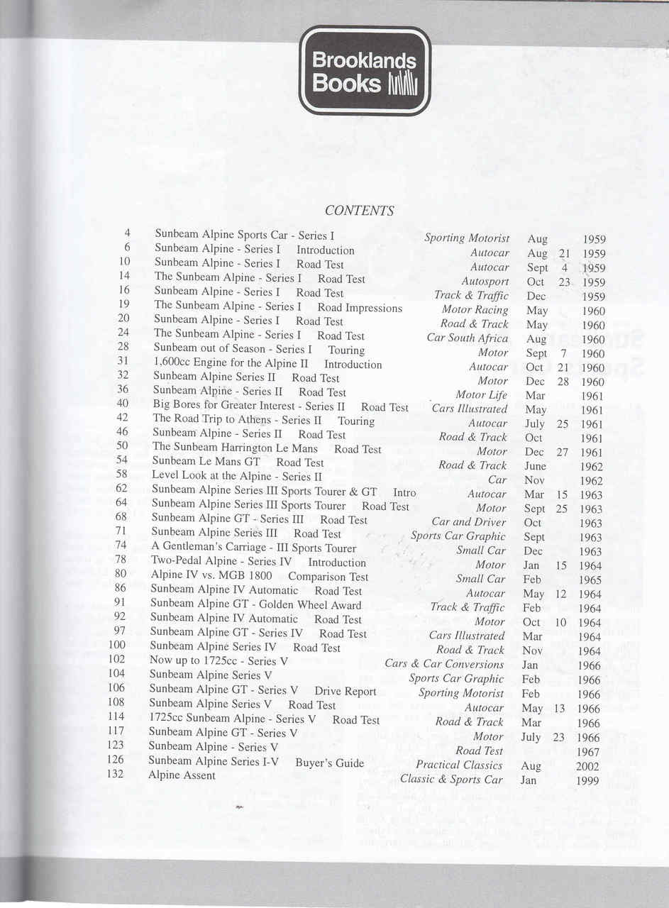 Sunbeam Alpine extra 1959–1968 book contents page listing roadster and GT series