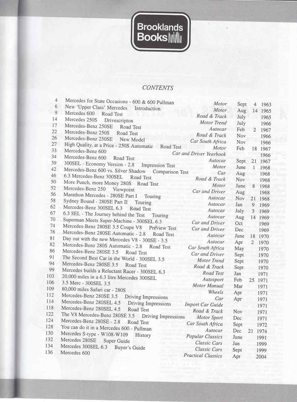 Mercedes-Benz S Class & 600 Limited Edition Extra 1965 - 1972 Contents