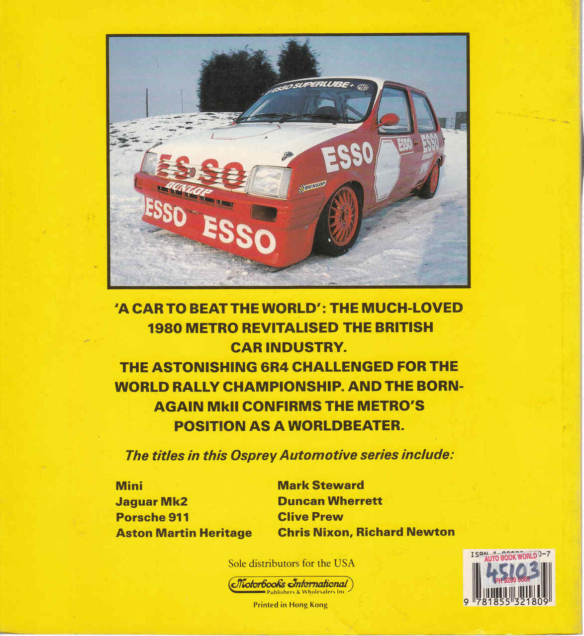 Metro racing book by Mark Steward with red classic rally car on snowy road.