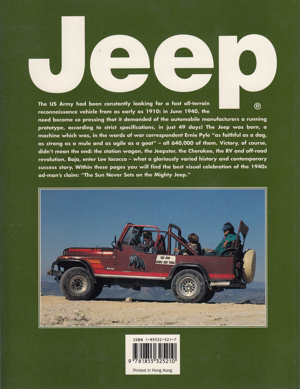 Jeep book back cover with large Jeep logo and vehicle image