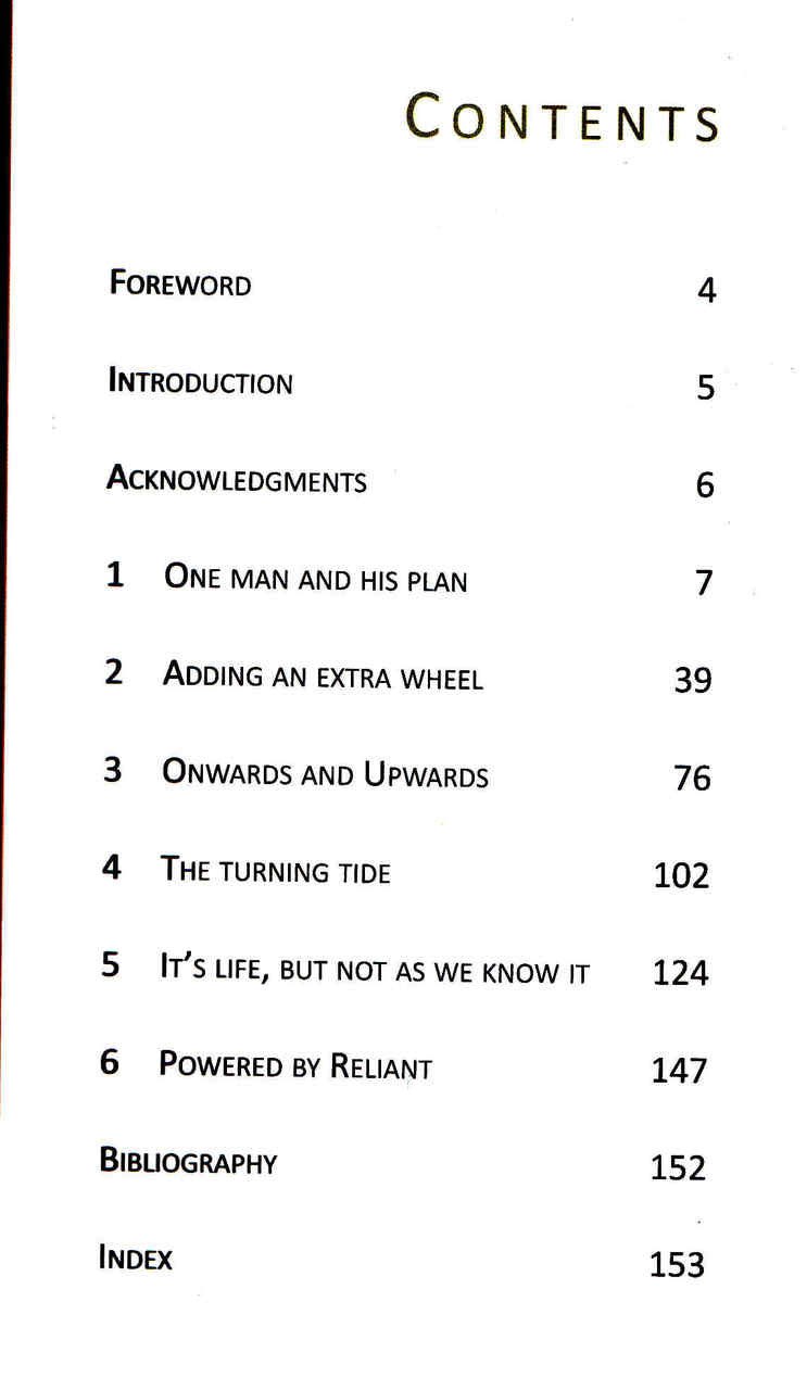 The Reliant Motor Company book contents page with numbered sections and page numbers