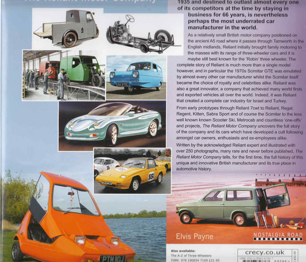 The Reliant Motor Company book page collage of classic cars and brief vehicle text