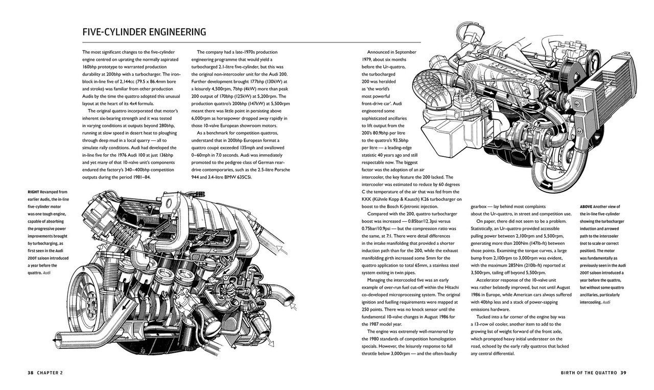 Automotive engineering book spread with line drawings of a five-cylinder engine.