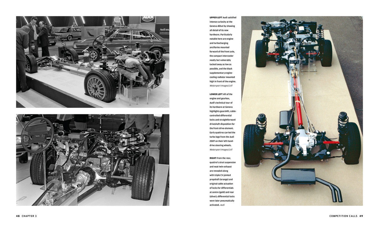 Motorsport engineering book spread with black-and-white photos and technical diagrams.