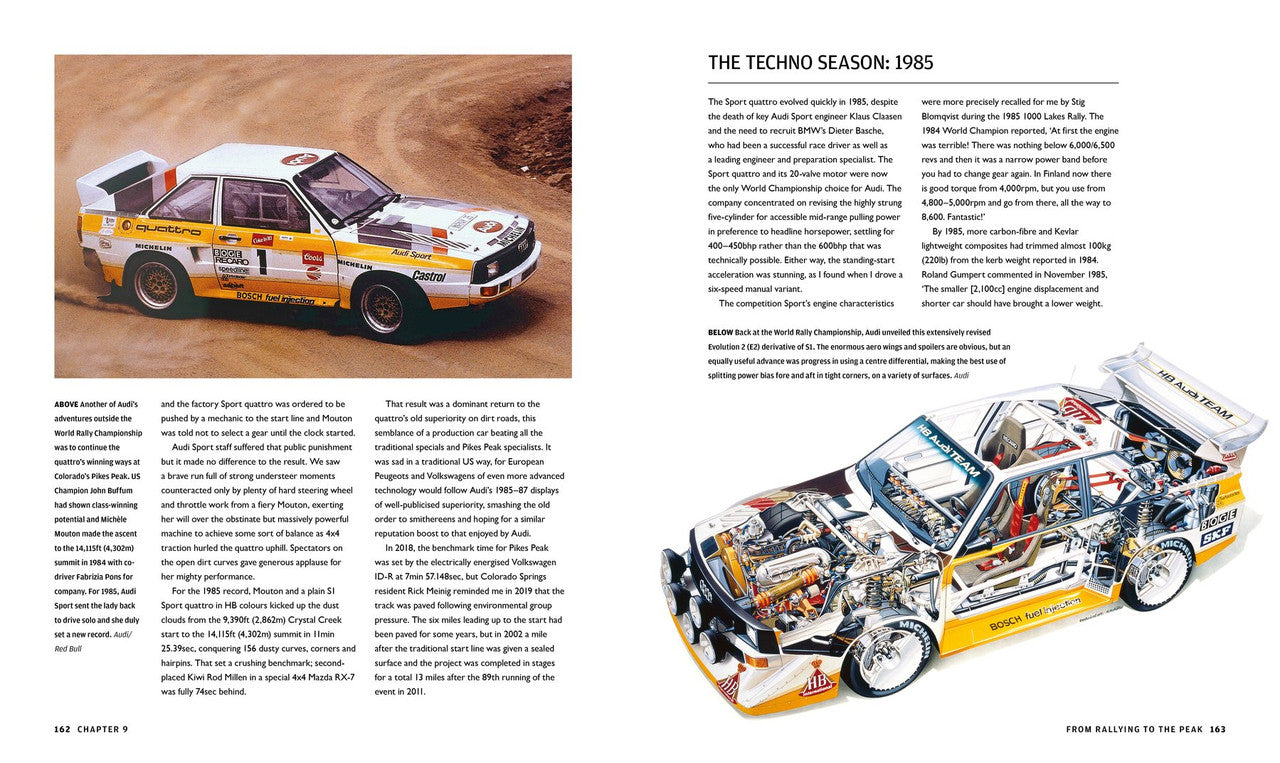 Rally car photo book spread with a car image and dense technical text blocks.