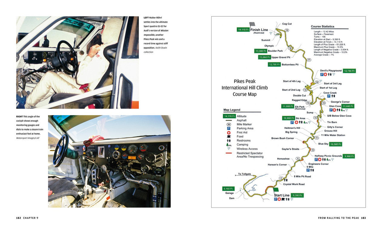 Motorsport book spread showing cockpit interior photos and wiring or component views.