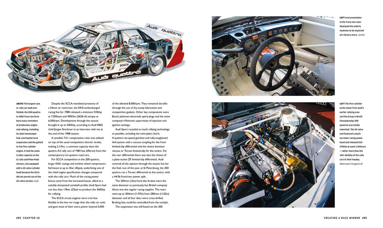 Motorsport book spread with a white-and-red race car and detailed engine photos.