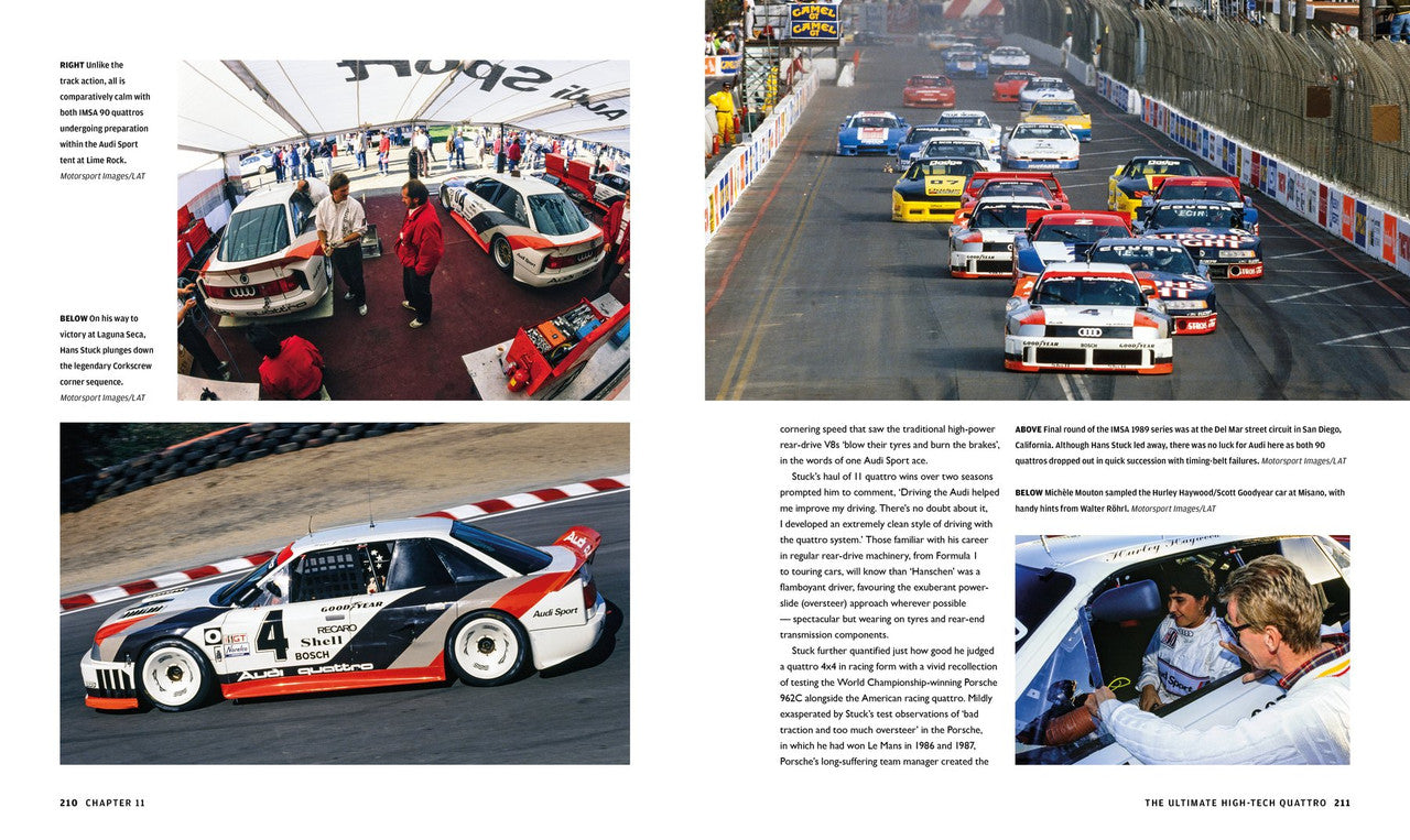 Racing book spread with track photos and a close-up of a rally race car.