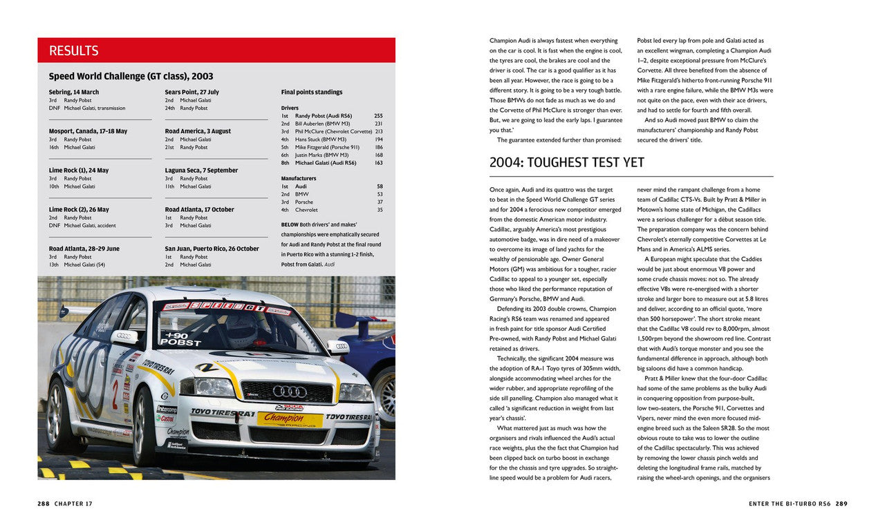 Motorsport book page with a results table and a front view of a rally car.