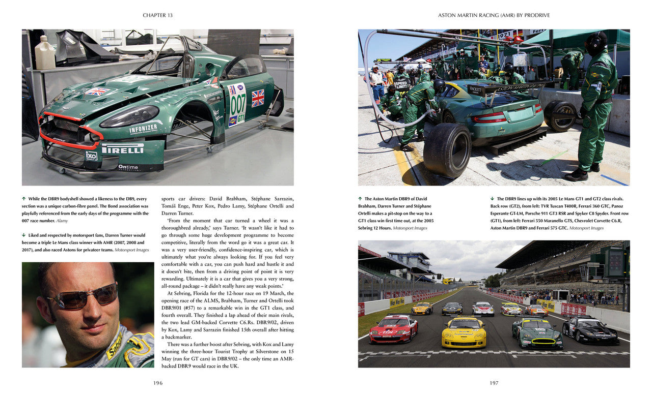 Automotive history book pages with green race car images and racing track photo