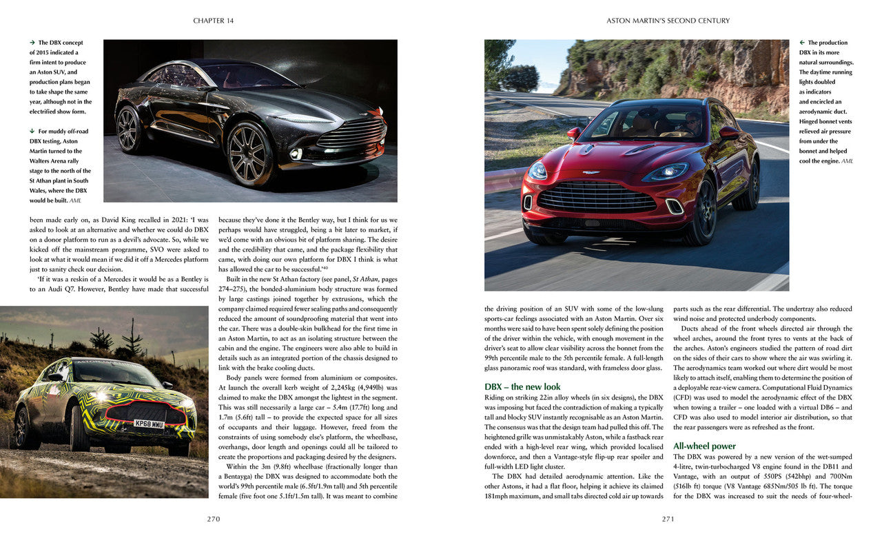 Automotive history book pages with modern car photo and red race car photo