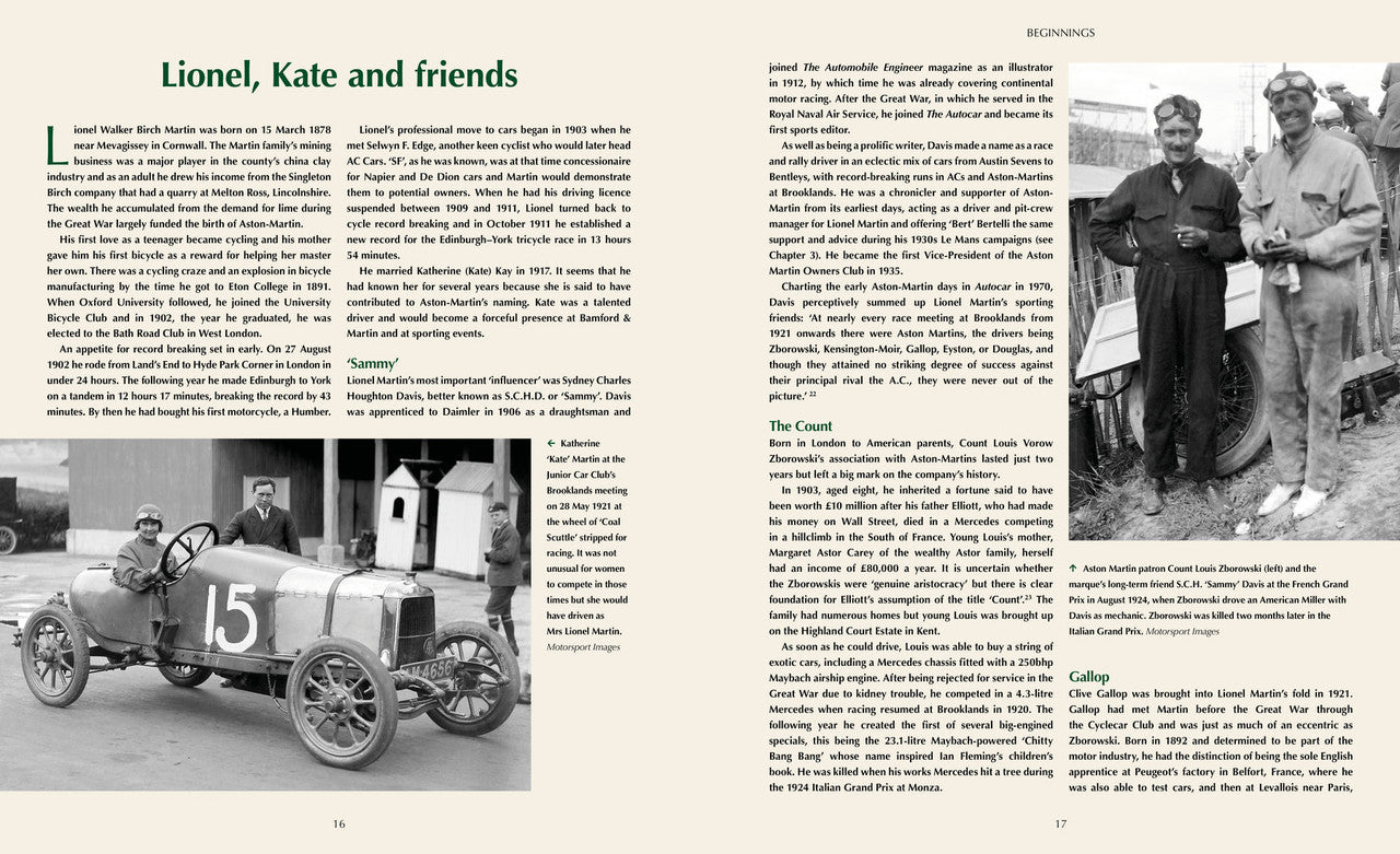 Automotive history book pages with vintage car photo and two men standing portrait