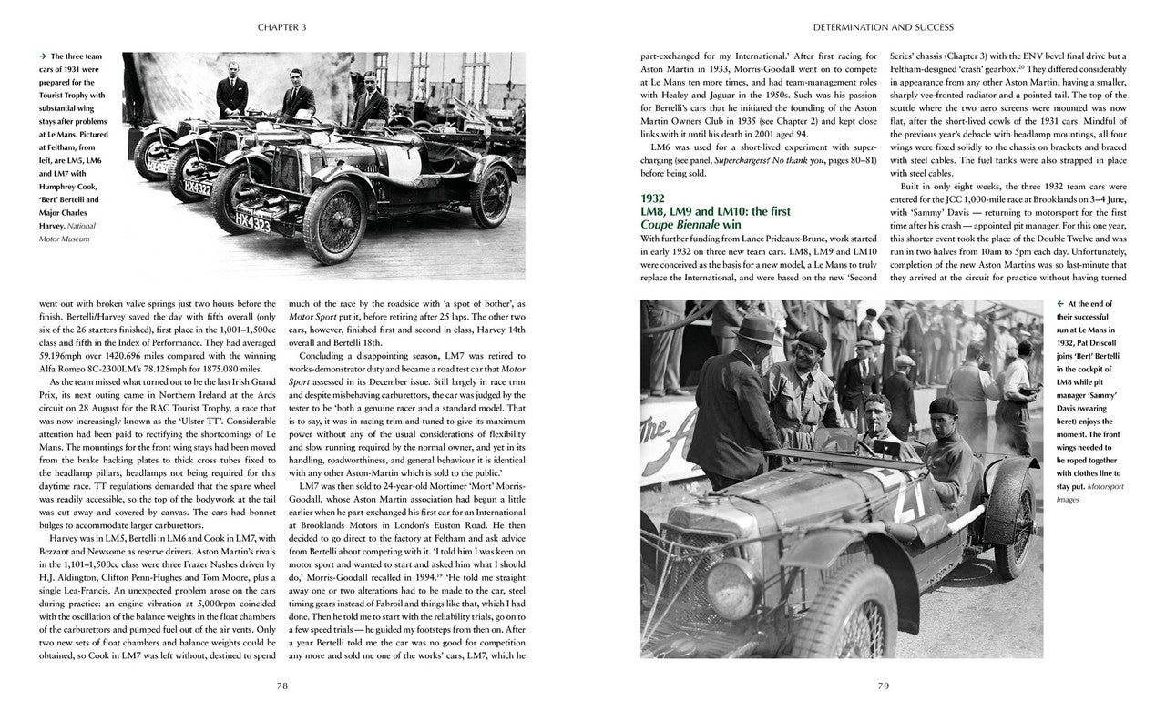 Automotive history book pages with black-and-white car lineup and driver portrait