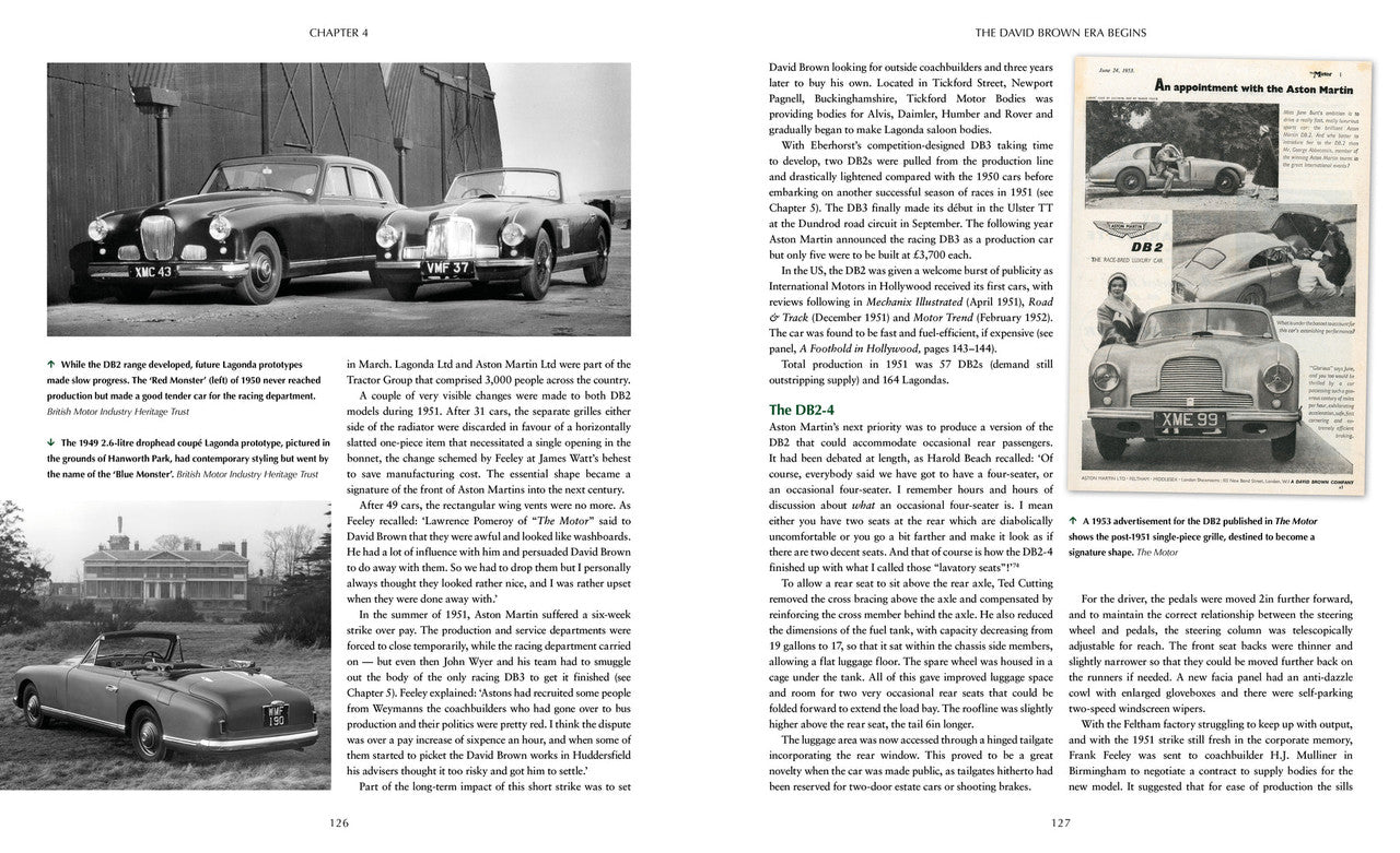 Book open to two-page spread with classic car photos and dense text columns